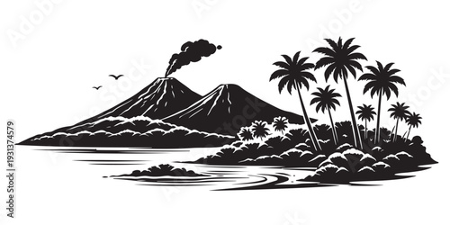 Hawaii Tropical Landscape Silhouette, Vector Illustration, Isolated on White Background