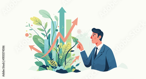 Businessman Looking at Growing Plant Illustration.