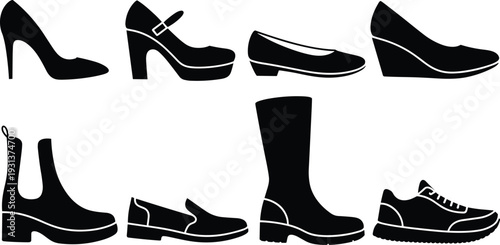 Women shoes silhouette collection high heels boots sneakers loafers wedge platform footwear vector illustration isolated on white background