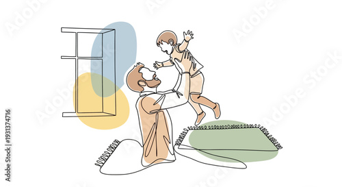 Continuous line art of a father catching his child jumping, with abstract color shapes and a rug in a playful home scene.