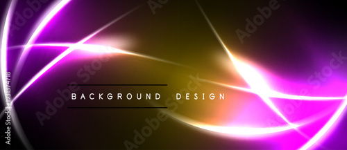 Vibrant neon lines intersect over dark background. Golden glow radiates from central point, creating dynamic visual effect. Modern design element.