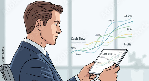 Man in Suit Holding Tablet with Financial Graphs.