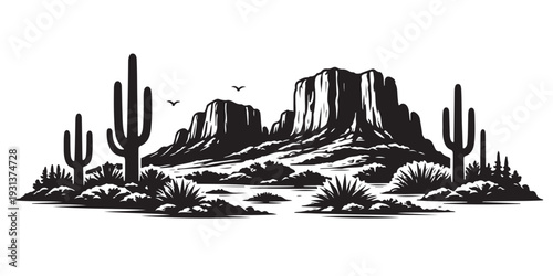 Arizona Desert Landscape Silhouette, Vector Illustration, Isolated on White Background