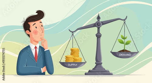 Man Weighing Money Against Plant on Scale.