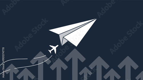 Business growth and leadership concept featuring a large white paper plane flying upwards above rising arrows on a dark blue background.