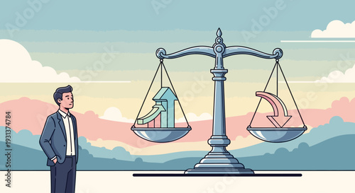 Man Standing Beside Balance Scale Illustration.