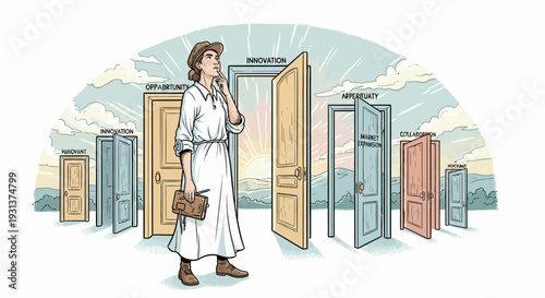 Woman Standing Near Multiple Open Doors.