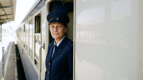 A professional senior female railway conductor in a classic blue uniform stands confidently at the entrance of a passenger train car at a station platform. Generative AI.