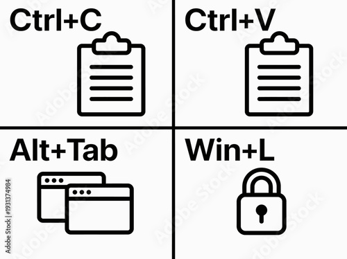 Keyboard shortcuts for copy, paste, tab switch, and lock displayed on a simple interface