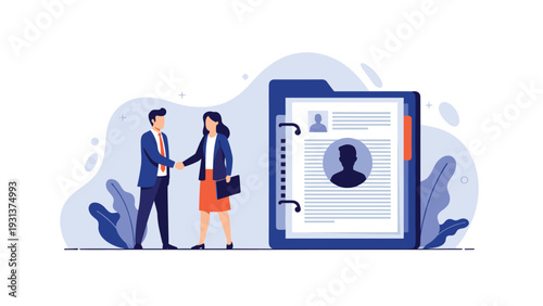 Recruitment and hiring concept showing two business professionals shaking hands next to a large candidate profile resume folder.