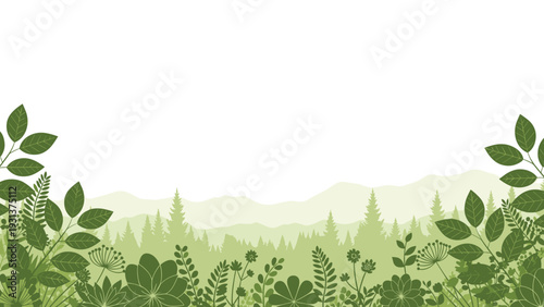 Natural landscape background with a lush green leaf and forest plant border overlooking distant hazy mountains and trees.