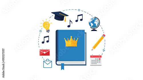 Premium education and knowledge concept featuring a blue book with a golden crown surrounded by various learning icons.