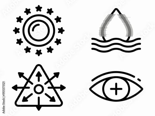 Four Simple Icons Representing Weather and Security Elements in Vector Format