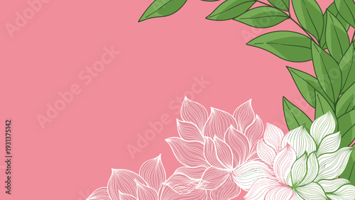Soft pink background featuring green leaf branches and delicate white sketch lotus flowers in the bottom right corner.