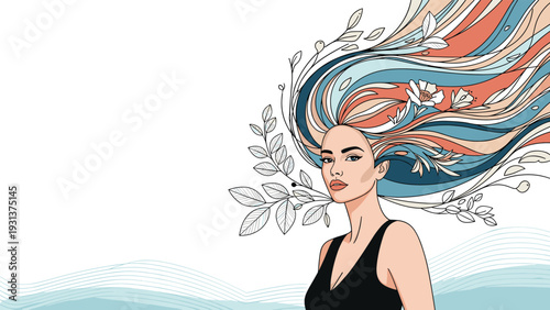 Artistic portrait of a woman with long flowing hair decorated with flowers and leaves on a clean white background.