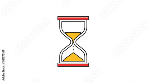 Time management and deadline concept showing a flat line icon of an hourglass with flowing yellow sand on a white background.