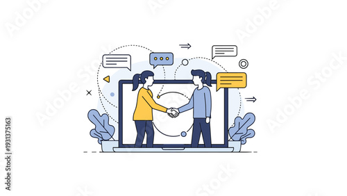 Online business partnership and digital agreement concept showing two women shaking hands inside a laptop screen frame.