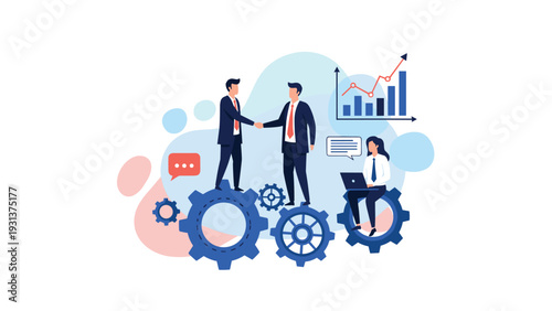 Concept of successful business cooperation and synergy with professionals shaking hands while standing on moving mechanical gears.