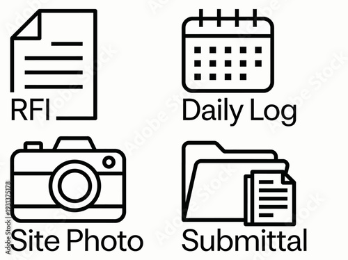 Document icons for RFI, daily log, site photo, and submittal on a clean background in a grid layout.
