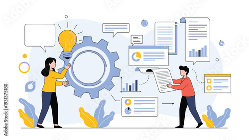 Creative business project management concept with team members working around a giant gear, idea lightbulb, and data reports.