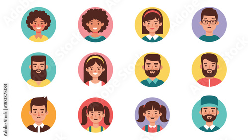 Collection of flat design avatars representing a diverse group of people with different hairstyles, ages, and backgrounds.