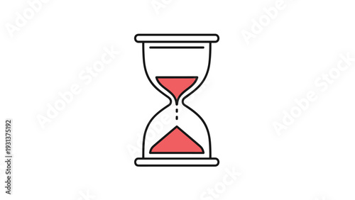 Hourglass symbol with red sand flowing through glass bulbs represents time management and deadline tracking in professional flat design style.