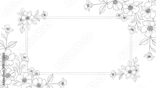 Minimalist black and white line art floral frame with delicate flowers and leaves surrounding a clean rectangular space.