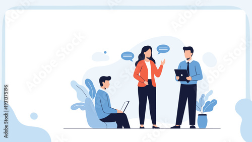 Professional business team having a discussion and collaborating on a project in a modern office environment.