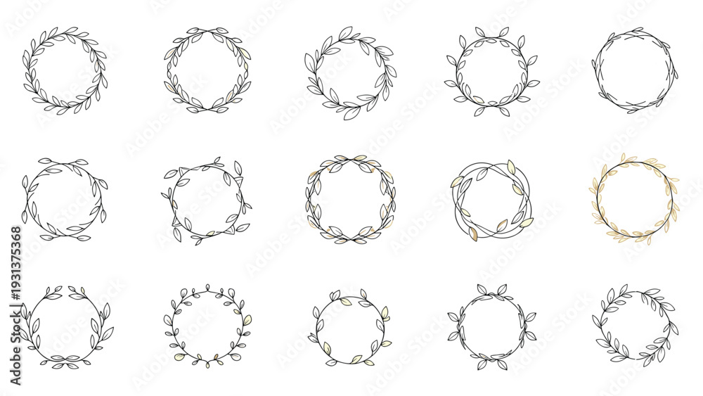 Obraz premium Large collection of diverse circular leaf wreaths provides various hand drawn foliage designs for personalized botanical frames and decor.
