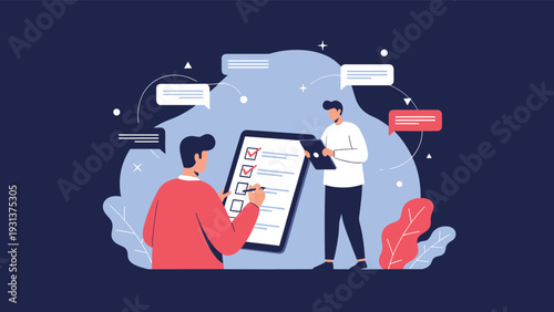 Productive team members work together to complete tasks on a giant checklist for efficient project management and goal achievement success.
