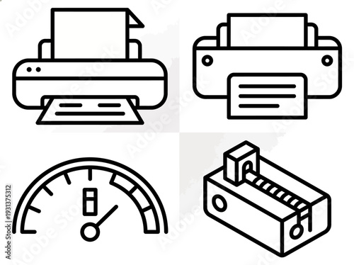 Printer Plotter Machine with Paper Roll and Speedometer Gauge icons in a Grid Layout