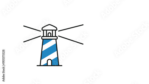 Stylized lighthouse icon with blue stripes and light beams represents guidance, safety, and hope for maritime navigation and sea travel safety.