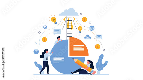 Collaborative team builds a data pie chart that leads to cloud storage representing business growth and digital transformation success plans.