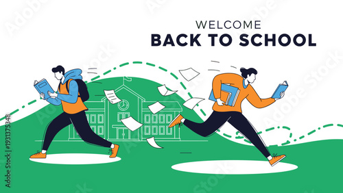 Energetic Back to School banner shows students running towards a school building with books to celebrate the start of a new academic year.
