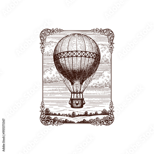 Vintage engraving illustration of a classic hot air balloon flying over a rural landscape in an ornate decorative frame.