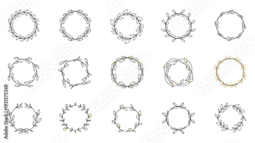 Large collection of diverse circular leaf wreaths provides various hand drawn foliage designs for personalized botanical frames and decor.