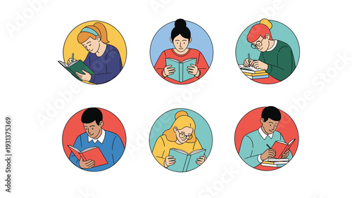 Set of circular avatars depicts diverse people engaged in reading and writing activities for education and self improvement themed projects.