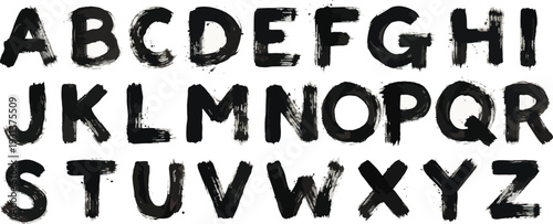 Brush drawn alphabet font with bold capital letters. Grunge texture typography.