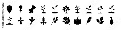Plant Growth and Agriculture Silhouette Icon Set - Black silhouette icon collection featuring sprouting plants, trees, leaves, and vegetables isolated on white background for farming and nature concep