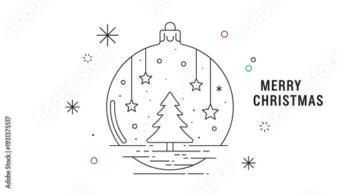 Simple line art illustration of a christmas bauble containing a pine tree and stars with merry christmas holiday text.