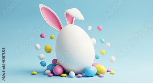 Easter bunny surrounded by colorful eggs on easter sunday morning