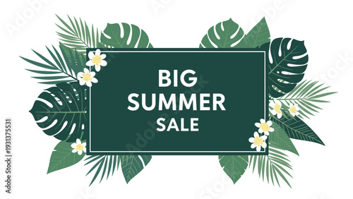 Big summer sale promotional banner featuring a dark green frame decorated with lush tropical leaves and white flowers.
