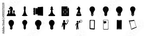 Idea and Mobile Device Silhouette Icon Set - Black silhouette icon collection featuring light bulbs, mobile phones, documents, chess piece, and creative concept symbols isolated on white background.