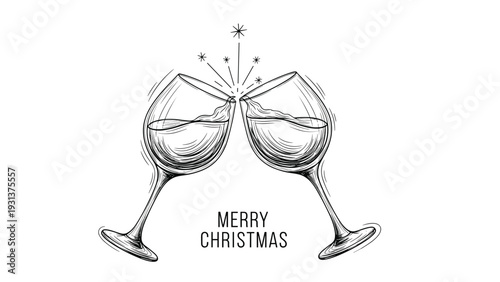 Elegant line art illustration of two wine glasses clinking together in a toast with festive merry christmas text on white.