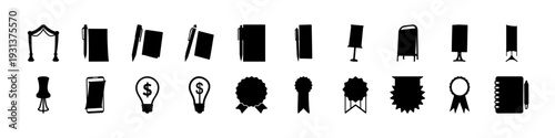Award Ribbon and Certificate Silhouette Icon Set - Black silhouette icon collection featuring award ribbons, certificates, medals, tags, and recognition symbols isolated on white background.