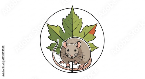A cute cartoon mouse sitting on a curved branch with green and orange leaves looking forward within a circle