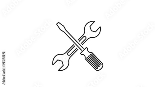 Minimalist line art icon of a crossed screwdriver and wrench representing tools for repair maintenance and construction services.