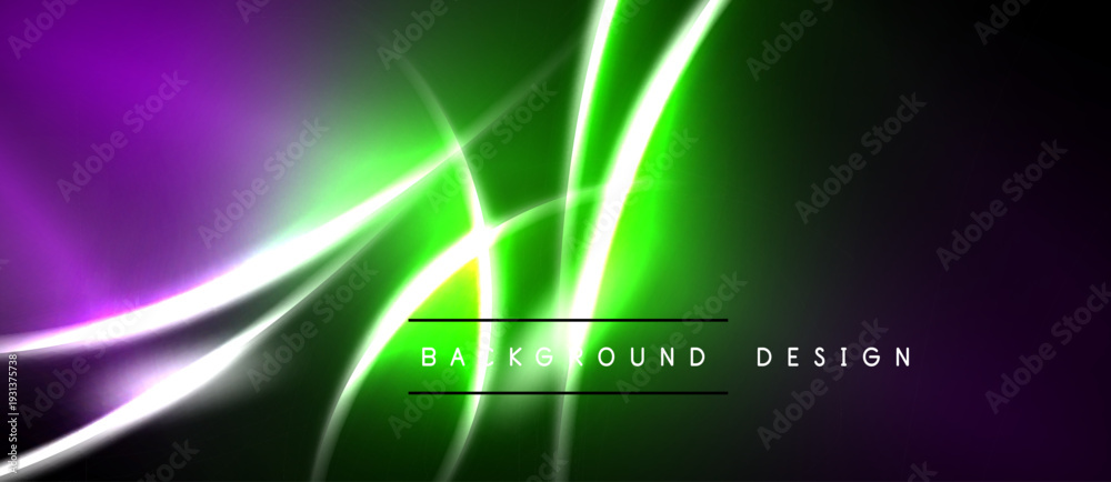 Obraz premium Abstract vibrant background. Green, purple light streaks radiate from center. Dark edges create dramatic effect. Modern design element.