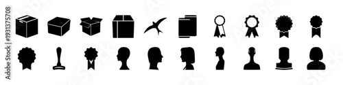Awards, Packaging and User Profile Icon Set - Black silhouette icon collection featuring boxes, gift packages, medals, ribbons, and user profile avatars isolated on white background.