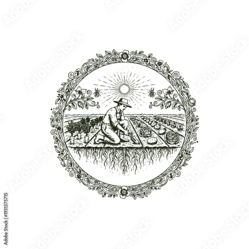 Vintage engraving illustration of a farmer planting crops in a field under the sun, enclosed in an ornate floral circular frame.